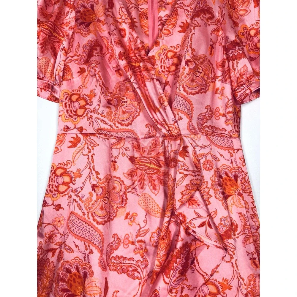5a7 Cinq a Sept Kay Midi Dress Size 2 Pink Orange Floral Ruffle Faux Wrap Party